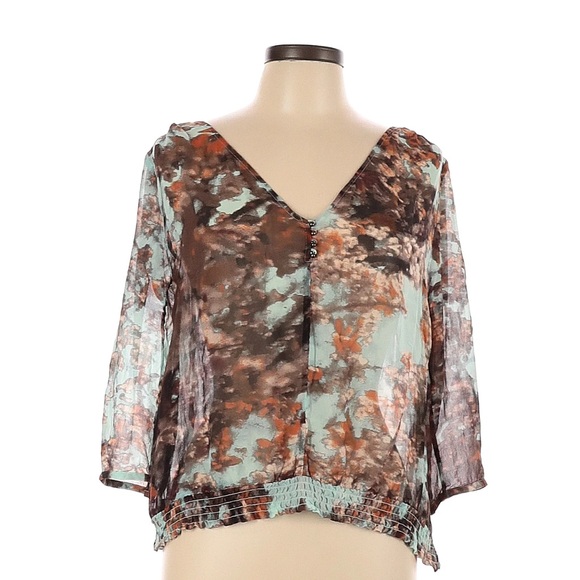 TED BAKER Erana Silk Floral Print Top Semi-sheer 3/4 Sleeve Blue Brown - Picture 1 of 7